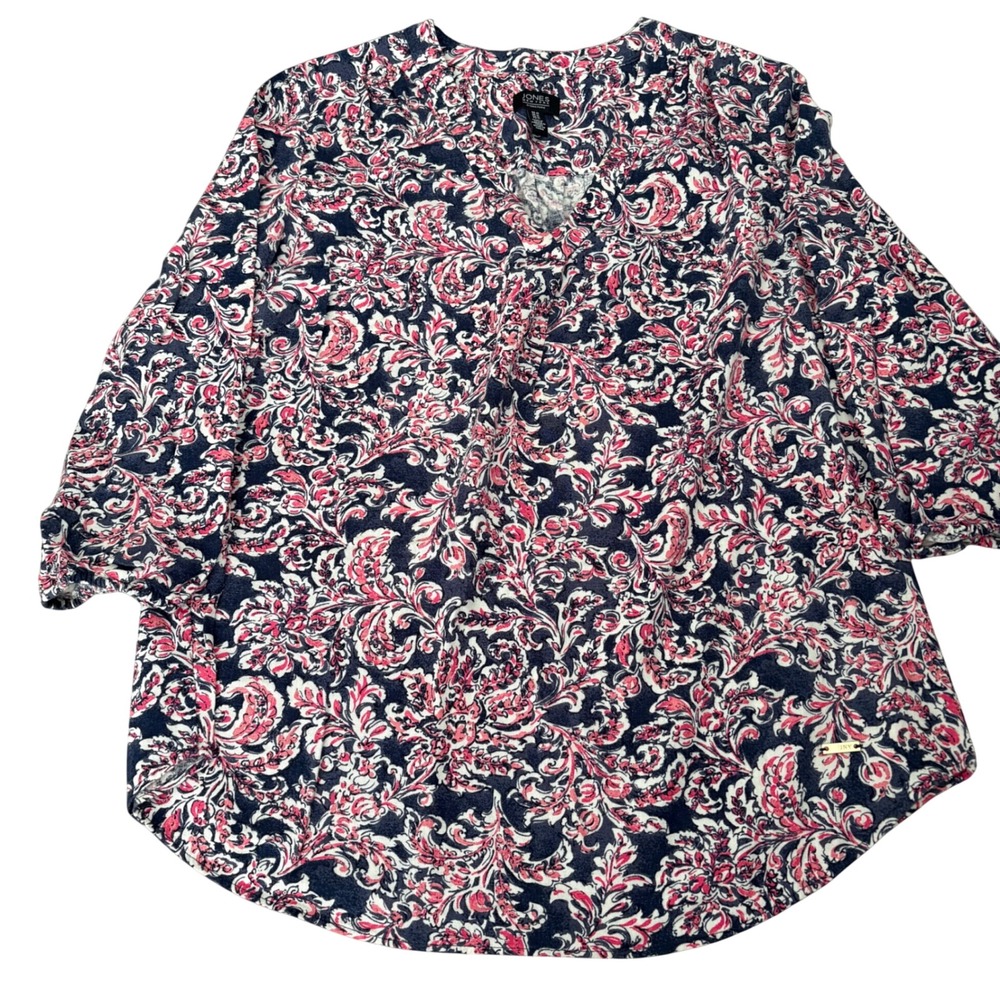 Jones New York Signature Pink Navy Paisley Linen Blend V-Neck Blouse M Fall
